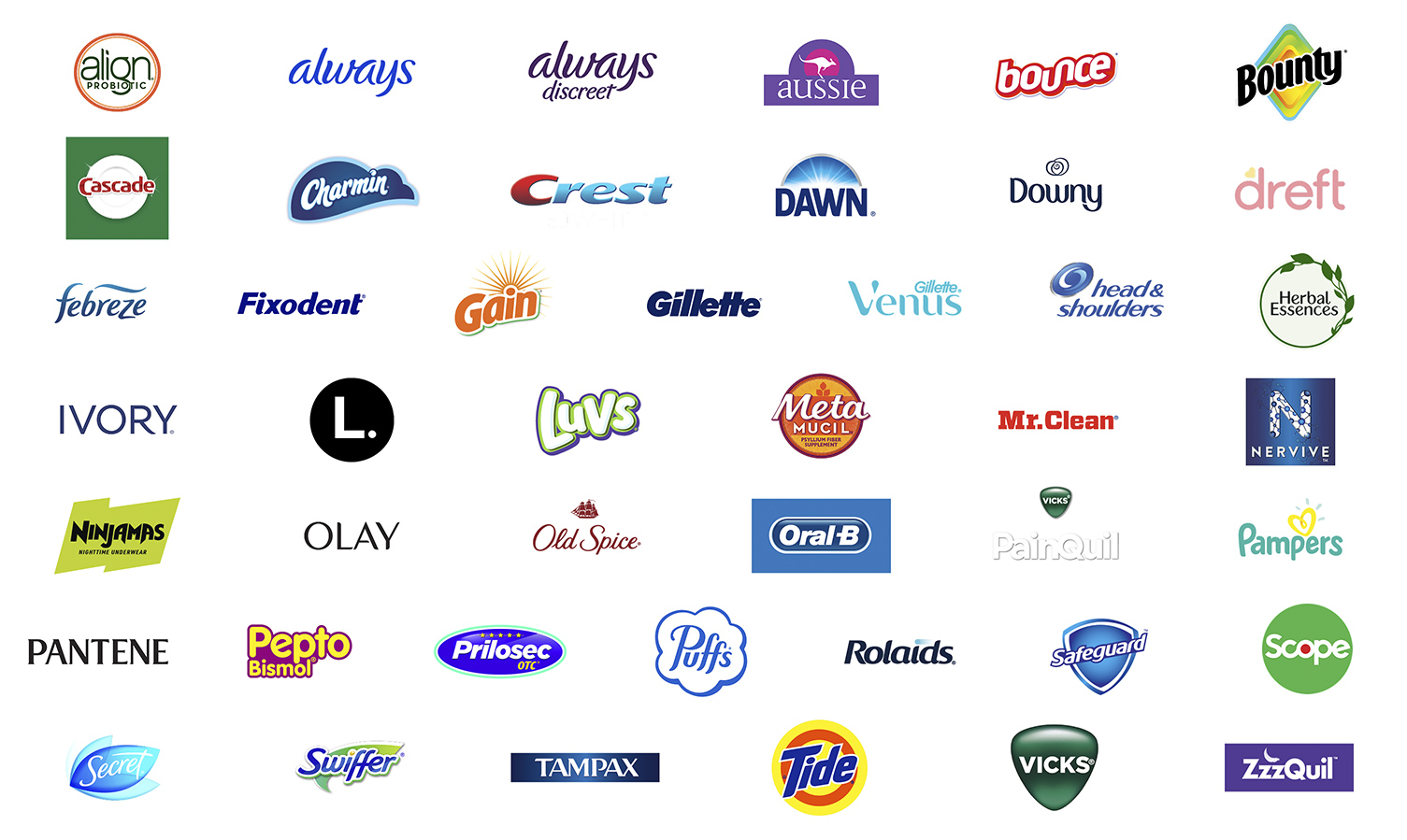 Participating Brands: Align, Always, Always Discreet, Aussie, Bounce, Bounty, Cascade, Charmin, Crest, Dawn, Downy, Dreft, Febreze, Fixodent, Gain, Gillette, Venus, Head & Shoulders, Herbal Essences, Ivory, L., Luvs, Metamucil, Mr. Clean, Nervive, Ninjamas, Olay, Old Spice, Oral-B, PainQuil, Pampers, Pantene, Pepto Bismol, Prilosec, Puffs, Rolaids, Safeguard, Scope, Secret, Swiffer, Tampax, Tide, Vicks, ZQuil